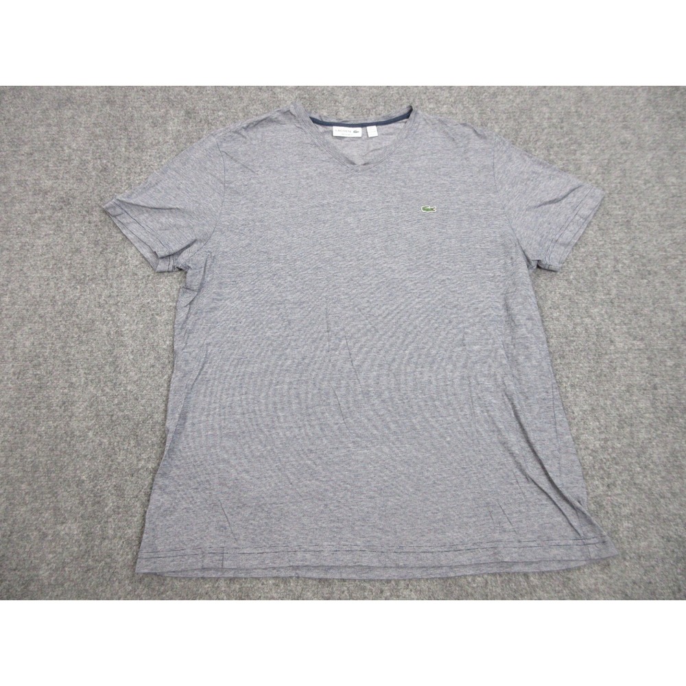 Lacoste Shirt Mens 2XL Gray Striped V Neck Short Sleeve Tee Cotton Casual